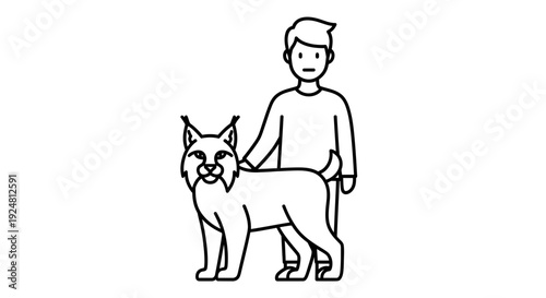 Man with Lynx Pet, Friendship Between Human and Wild Animal, Domesticated Bobcat