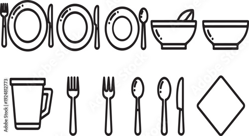 A variety of kitchen utensils and dishes arranged in a single row Vector