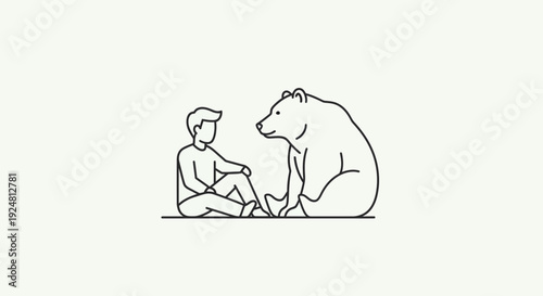 Man and Bear Sitting Together, Minimalist Line Art Illustration, Friendship Concept