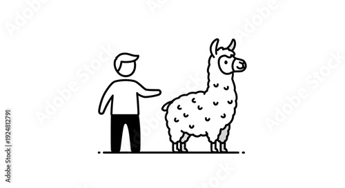 Man and Llama Icon: Friendly Interaction, Simple Line Art, White Background