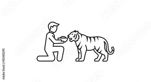 Man Feeding Tiger Bowl, Animal Care, Wildlife Conservation Concept