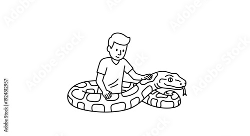 Man Hugging Snake, Friendship, Trust, Unusual Pet, Line Art Illustration
