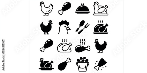 Chicken and Poultry Meat Icon Set with Roast Leg Piece and Fried Chicken Symbols for Restaurant Menu Vector Illustration.