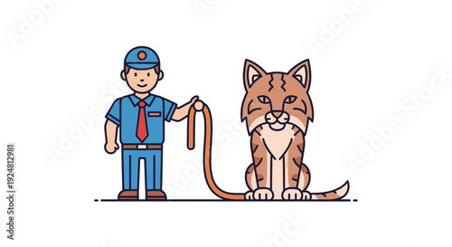 Man in uniform walking a lynx on a leash, cartoon style