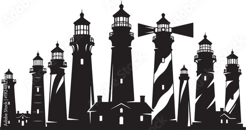 Silhouette of multiple lighthouses in various architectural styles together