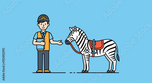 Man in Uniform with Zebra, Vector Illustration