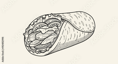 Hand-drawn sketch of a delicious chicken shawarma wrap with fresh ingredients, isolated on a light background.