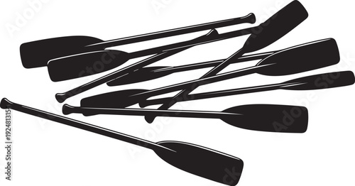Collection of black oars and paddles on white background