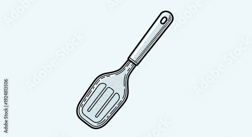 Hand-drawn illustration of a slotted spatula, kitchen utensil, cooking tool, isolated on light blue background.