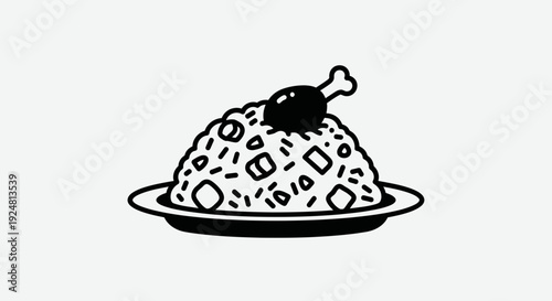 Hand-drawn illustration of fried rice with chicken leg on a plate, simple line art food icon