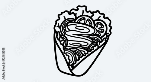 Hand-drawn line art illustration of a delicious shawarma wrap filled with meat, tomatoes, and lettuce.