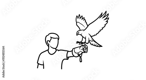 Falconer with Hawk on Hand - Line Art Illustration