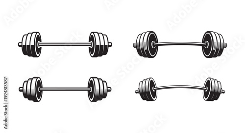 Vintage Fitness Vector Set Featuring Strong Man Hand Holding Dumbbell, Crossed Dumbbells, and Heavy Weight Barbell Illustrations for Gym Logos and Bodybuilding Labels