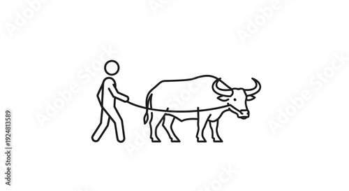 Farmer Leading Water Buffalo on Leash, Rural Agricultural Scene, Livestock Herding