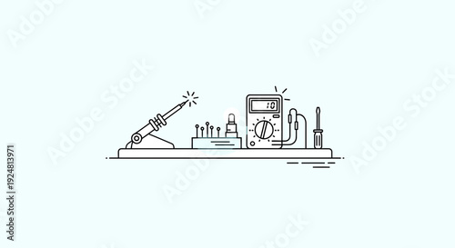 Electronics Repair Tools: Soldering Iron, Multimeter, Screwdriver, Components on a Shelf