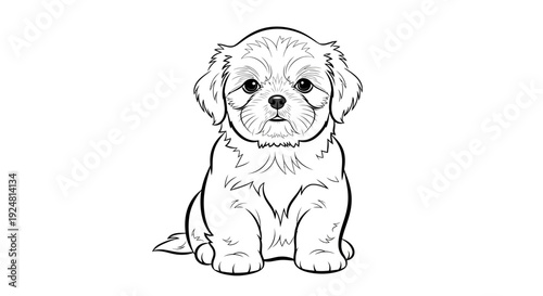 Cute Fluffy Puppy Dog Sitting Front View Line Art Illustration