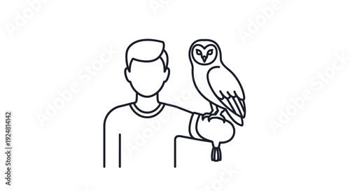 Falconer holding a barn owl on his arm, line art icon