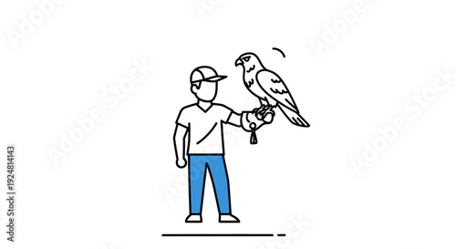 Falconer holding a hawk on his gloved hand, falconry, bird of prey, outdoor activity, minimalist line art