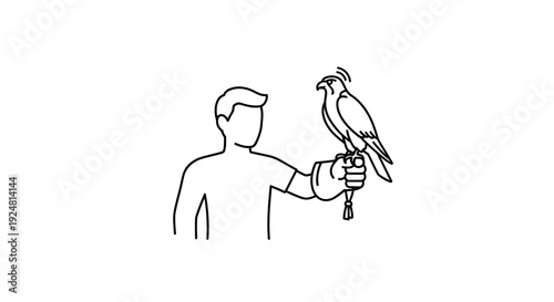 Falconer holding a falcon on his gloved hand, falconry, bird of prey, outdoor activity, skilled handler