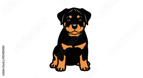 Cute Rottweiler Puppy Sitting, Adorable Black and Tan Dog Portrait, Domestic Animal