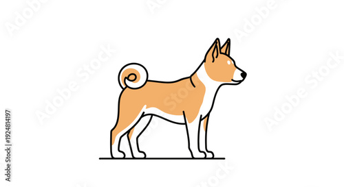Cute Shiba Inu Dog Illustration, Standing Profile View, Minimalist Line Art, Isolated on White Background