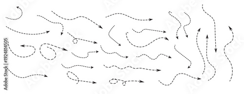 Dotted broken arrows. Doodle curves, dots, wavy lines.