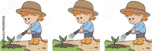 Cute cartoon child watering plants in garden vector illustration set showing happy kid gardening activity isolated on white background
