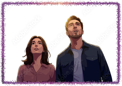 Man and Woman Looking Up in Hopeful Warm Sunset Light