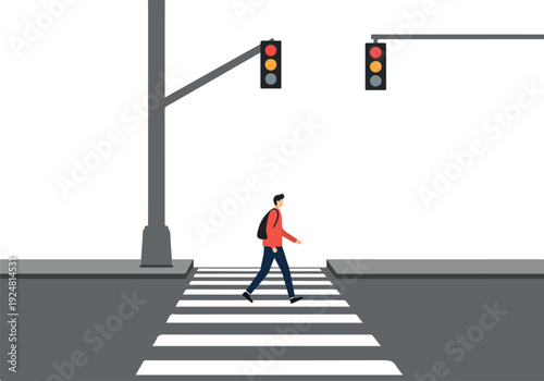 Man Crossing Street With Traffic Lights Flat Design Vector