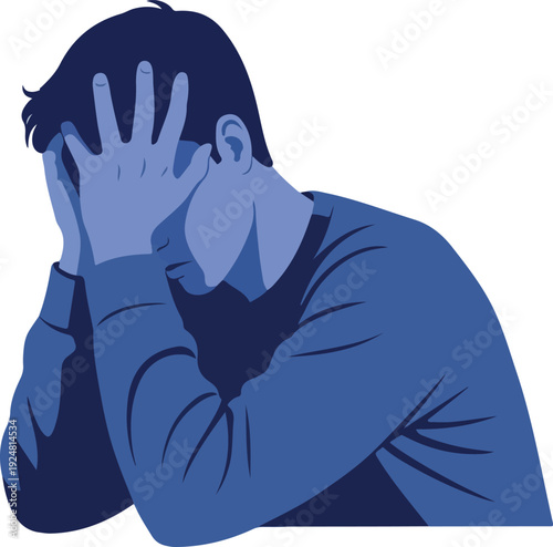 Man Depressed Holding Head Blue Tones Minimalist Illustration