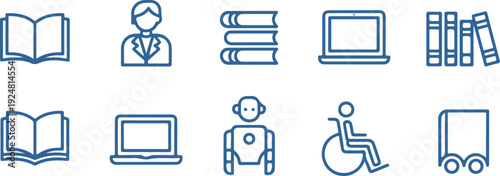 Education and learning outline icons vector illustration set featuring books, student, laptop, and school equipment for academic projects