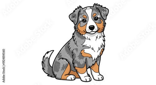 Cute Australian Shepherd Puppy Sitting Portrait, Adorable Blue Merle Dog, Cartoon Style