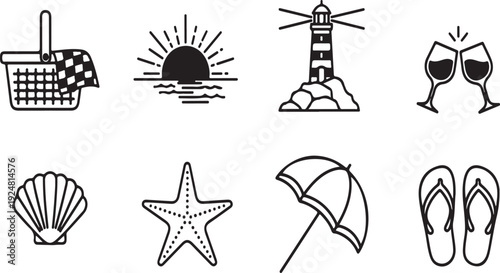 A collection of summer-themed icons representing various beach and vacation items Vector