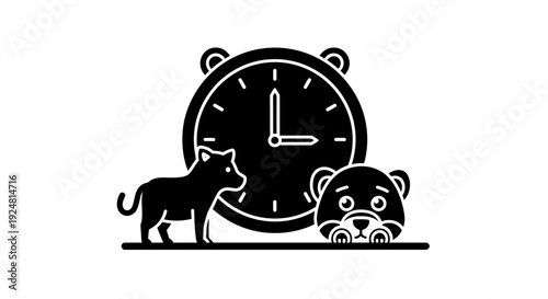 Cute Dog and Bear Cub with Alarm Clock Icon, Time for Pets Concept