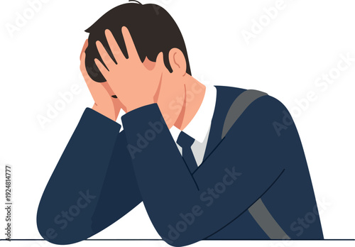 Man In Dark Blue Suit Frustrated Holding Head Flat Illustration