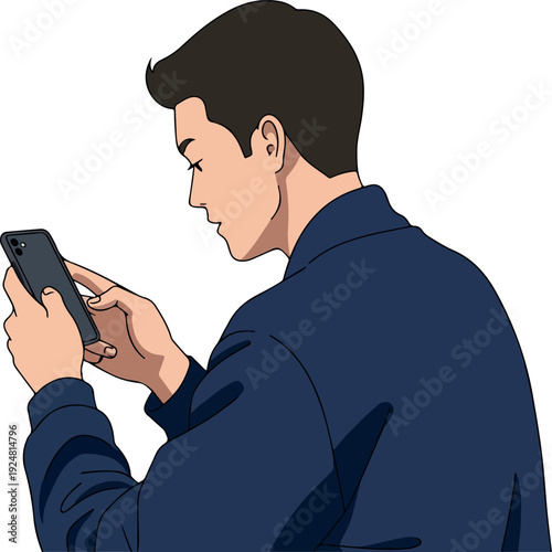 Man In Dark Blue Shirt Using Smartphone