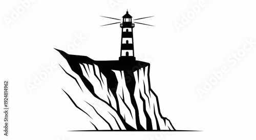 Black Silhouette Lighthouse on Rocky Cliff Overlooking Sea, Beacon Guiding Ships at Night
