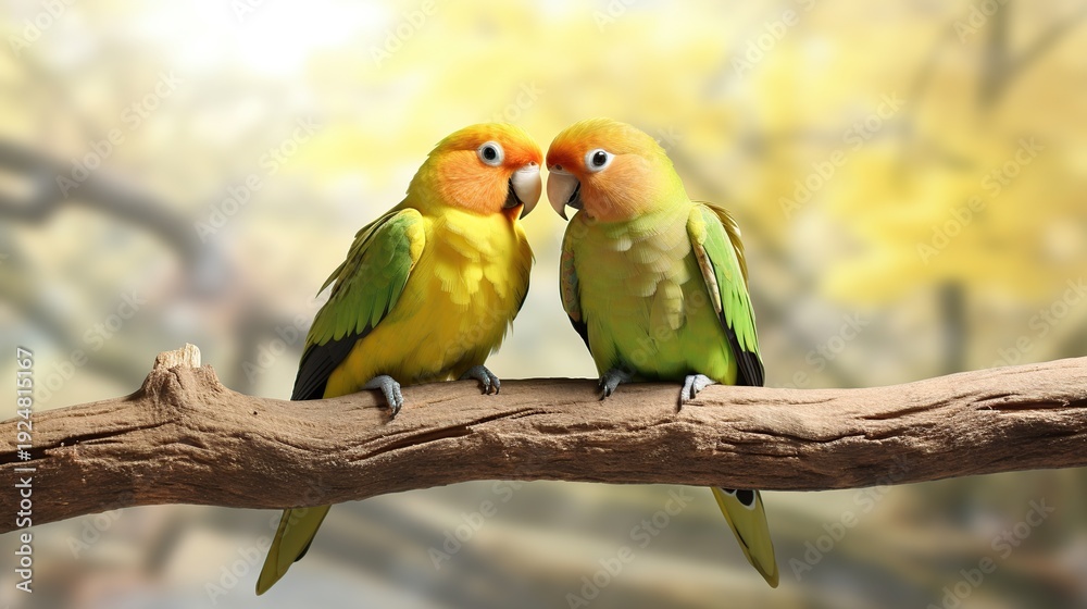 Obraz premium Two Colorful Lovebirds Perched on a Branch Sharing a Quiet Moment Together