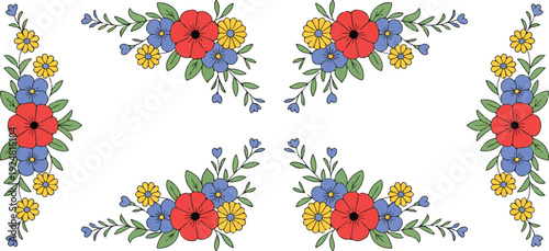 Colorful wildflower bouquet vector set featuring decorative floral arrangements with bright botanical illustration elements isolated on white