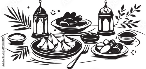 A black and white vector illustration depicting a traditional Iftar meal arrangement with lanterns and dates.