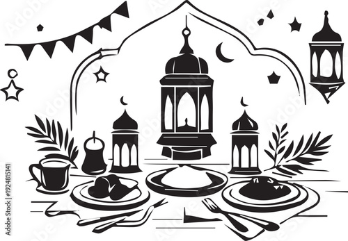 A beautiful black and white illustration of an elaborate Iftar meal table set with lanterns and festive decorations.