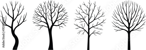 Leafless tree silhouettes collection vector illustration set featuring detailed bare branches for natural forest and winter design projects