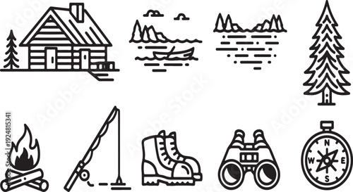 Illustrations of camping and outdoor adventure essentials and activities Vector