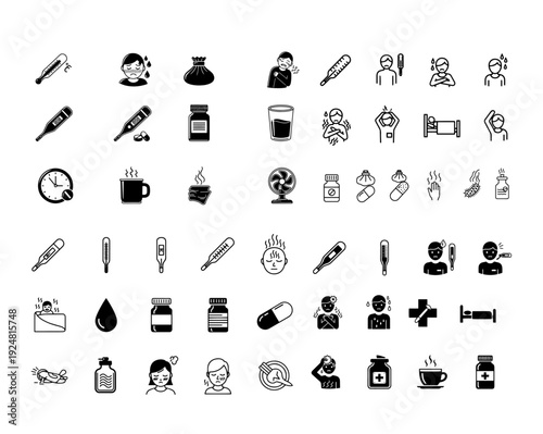 Fever Icon Set Black and White Vector Collection – High Temperature, Thermometer, Sick Patient, Medical Symptoms, Healthcare Line Icons Pack for UI, Apps, Web, Infographic Design