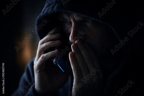 A person shrouded in shadow, engrossed in a secretive phone conversation, with an expression of worry and a hoodie