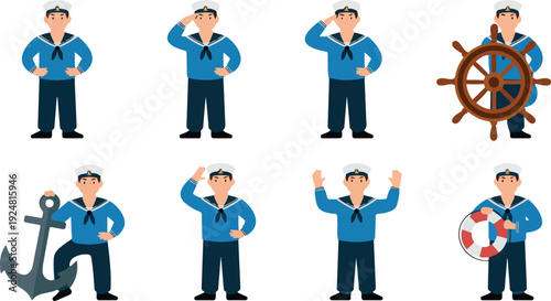 Sailor character vector set featuring navy seaman in different poses with ship equipment and maritime actions in flat cartoon style