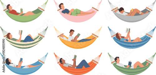 People relaxing in hammocks vector illustration set featuring men and women lying, sleeping, reading, and resting outdoors in flat cartoon style