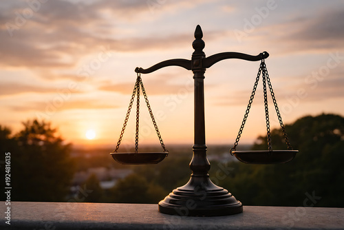 Silhouette of scales of justice against a warm sunset, symbolizing fairness and legal balance