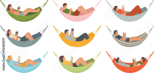 People relaxing in hammocks vector illustration set featuring men and women lying, sleeping, reading, and resting outdoors in flat cartoon style