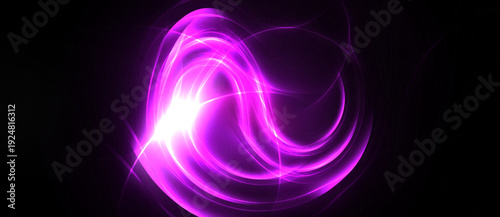 Bright purple energy swirls, luminous curves radiate from central point. Dark background emphasizes vibrant glow, creating abstract design.